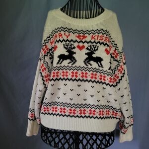 H&M Merry Kissmas Reindeer Fair Isle Christmas Knit Sweater size Medium
